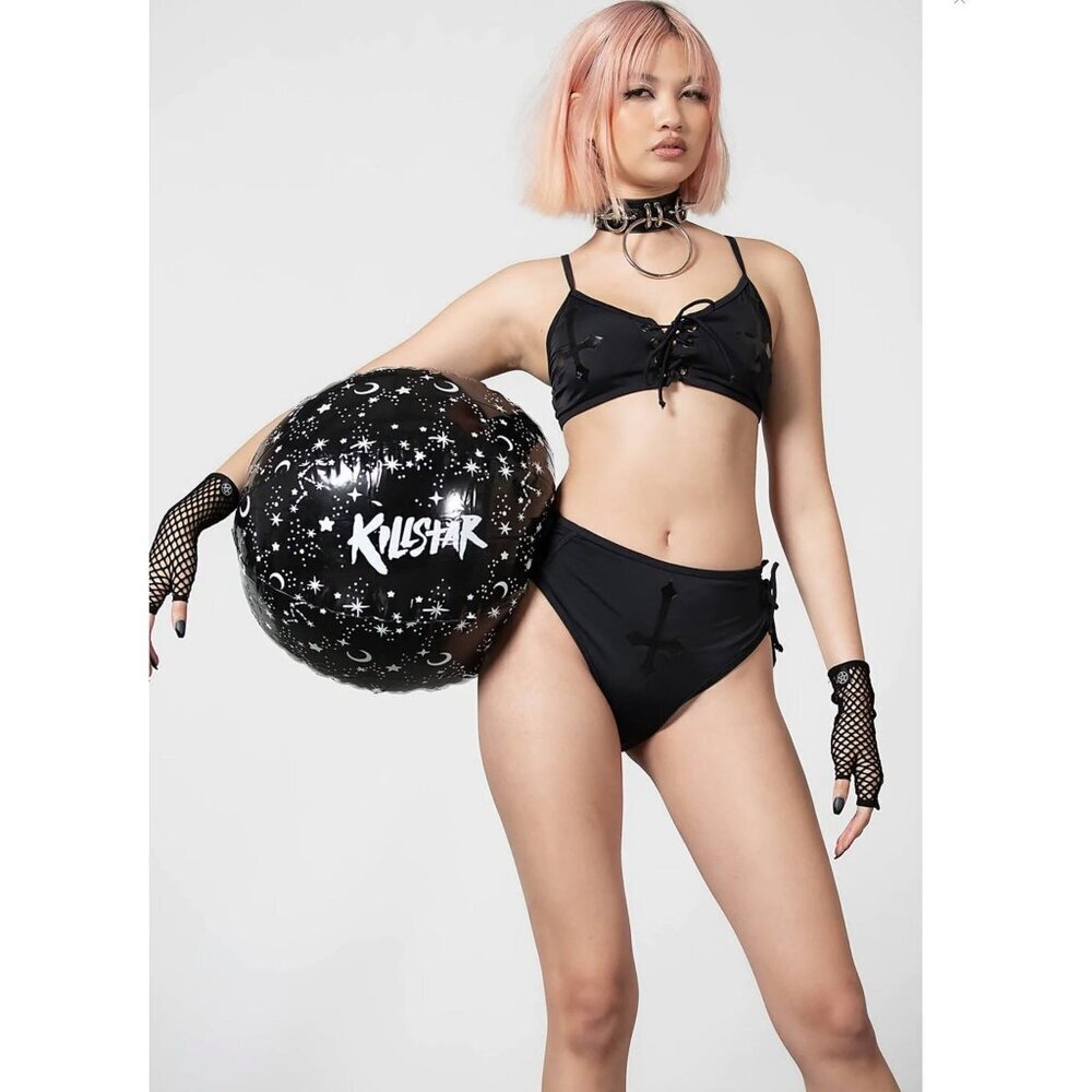 Killstar ✦ Xandria Black‑on‑Black Cross Lace‑Up Bikini ✦ Side‑Tie Gothic Swim XS